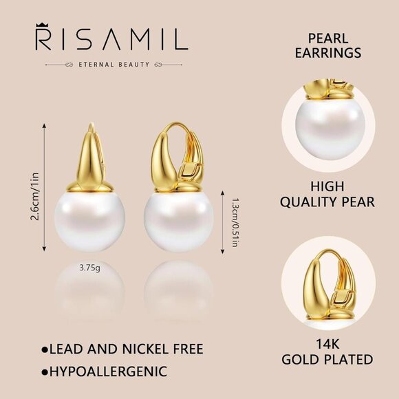 Trendy gold Pearl Huggie-01 earring women 14K plated huggie drop wedding jewelry - Picture 6 of 7